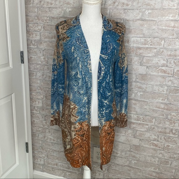 Chico's Sweaters - Chicos blue and brown knee length open front sweater size 0P